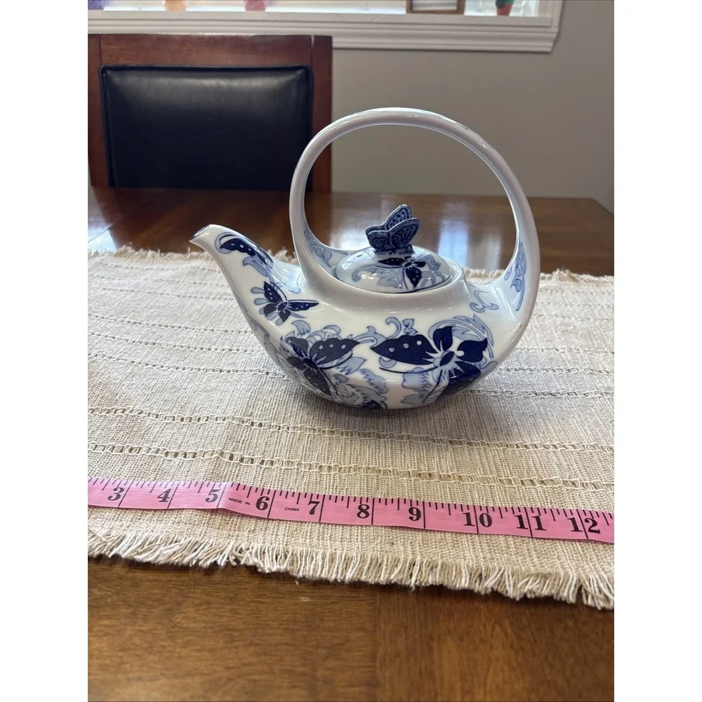 PORCELAIN TEA POT, BLUE AND WHITE BUTTERFLIES MADE FOR PIER 1 - Picture 1 of 8